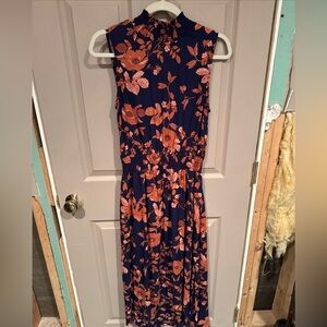 Floral Sleeveless Dress - Navy and Orange